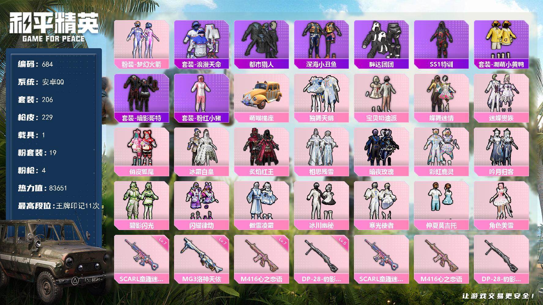 和平精英账号安卓QQ1载具-206套装-229枪皮-206套装/枪械4/装备326/载具1/战备193/王牌印记11/热