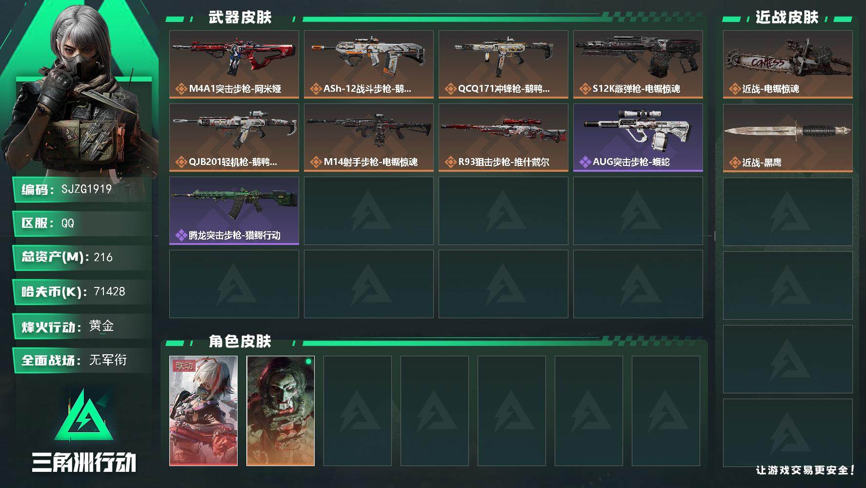 三角洲行动账号QQ【SJZG1919】总资产(M)：216M/哈夫币(K)：71428K/哈夫币(K)：71428K/全面战场等级：1_段位：无段位/烽火地带等级：60_段位：黄金/骇爪-维什戴尔/红狼-电锯惊魂/近