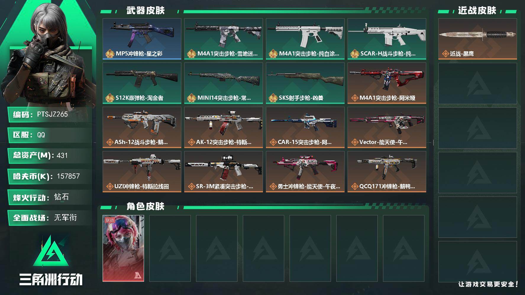 三角洲行动账号QQ【PTSJZ265】总资产431M，流动资产402M，哈夫币K，三角劵70，19三角币，
S6赛季3