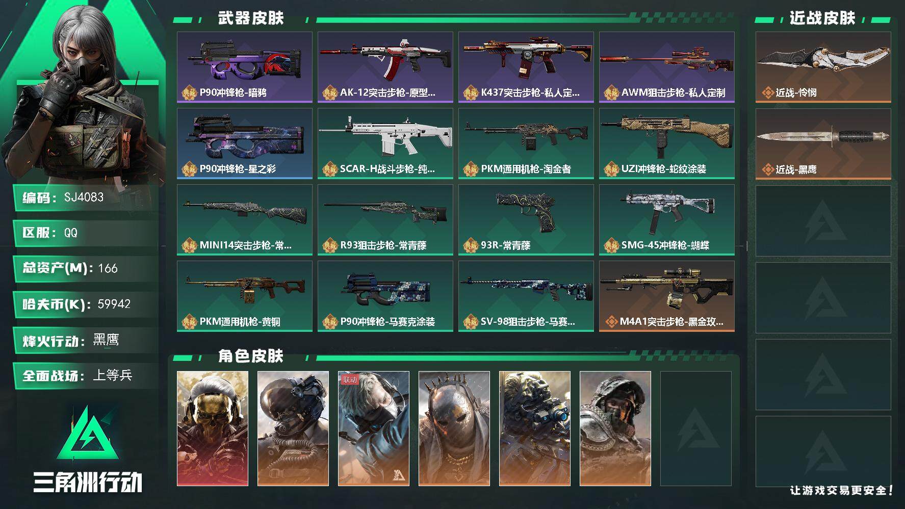 三角洲行动账号QQ【SJ4083】总资产(M)：166M/哈夫币(K)：59942K/哈夫币(K)：59942K/全面战场等级：34_段位：上等兵/烽火地带等级：60_段位：黑鹰/红狼-蚀金玫瑰/威龙-壮志凌云/蜂医