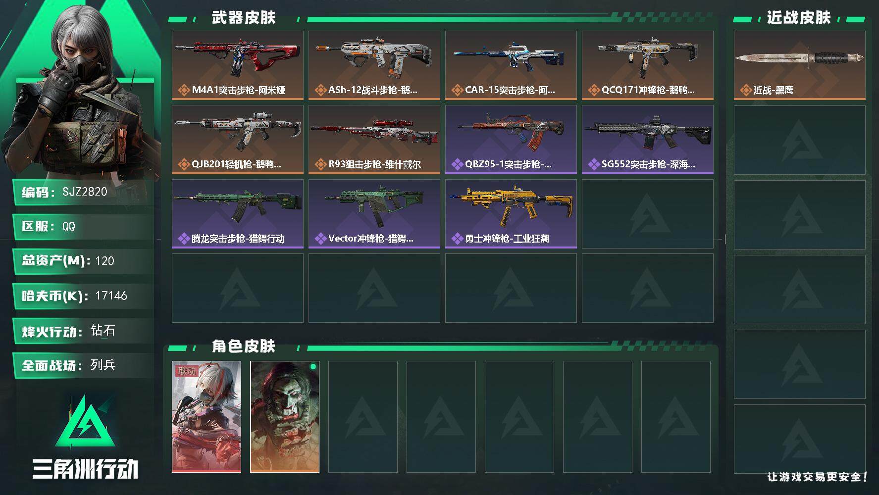 三角洲行动账号QQ【SJZ2820】总资产(M)：120M/哈夫币(K)：17146K/哈夫币(K)：17146K/全