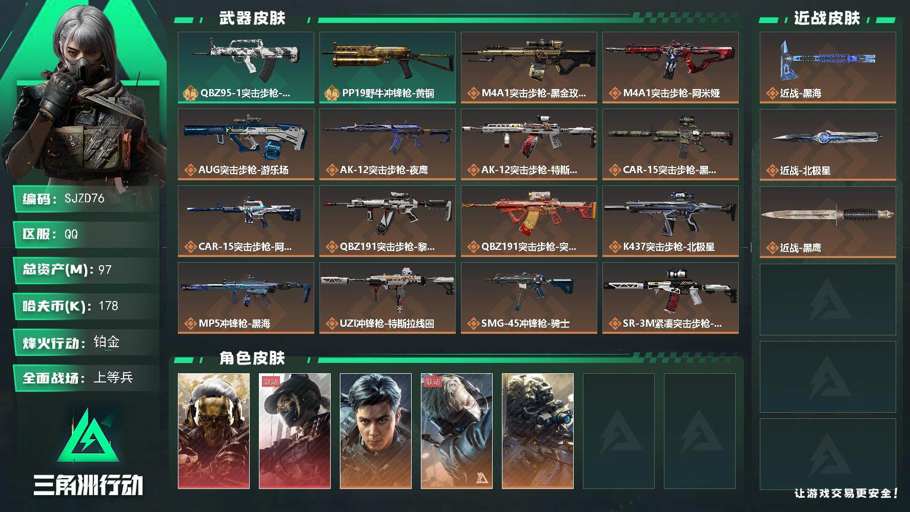 三角洲行动账号QQ【SJZD76】总资产(M)：97M/哈夫币(K)：178K/哈夫币(K)：178K/传说枪皮数：2