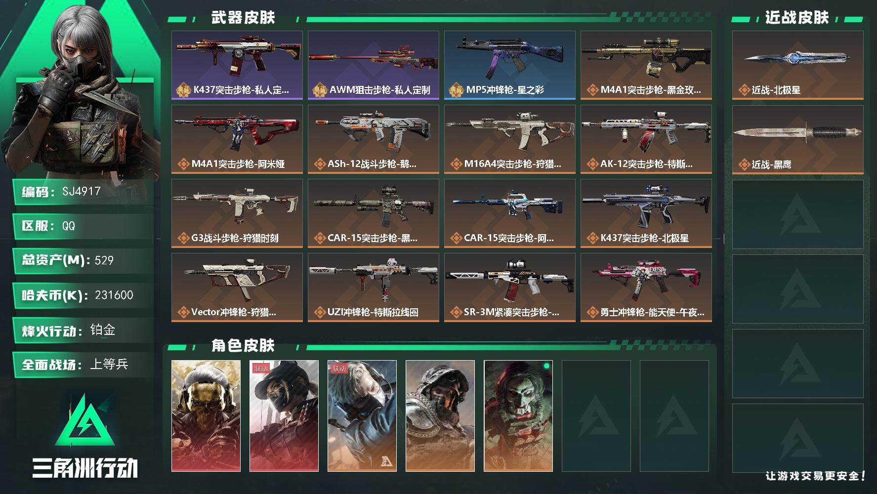 三角洲行动账号QQ【SJ4917】总资产(M)：529M/哈夫币(K)：K/哈夫币(K)：K/传说枪皮数：20/全面战