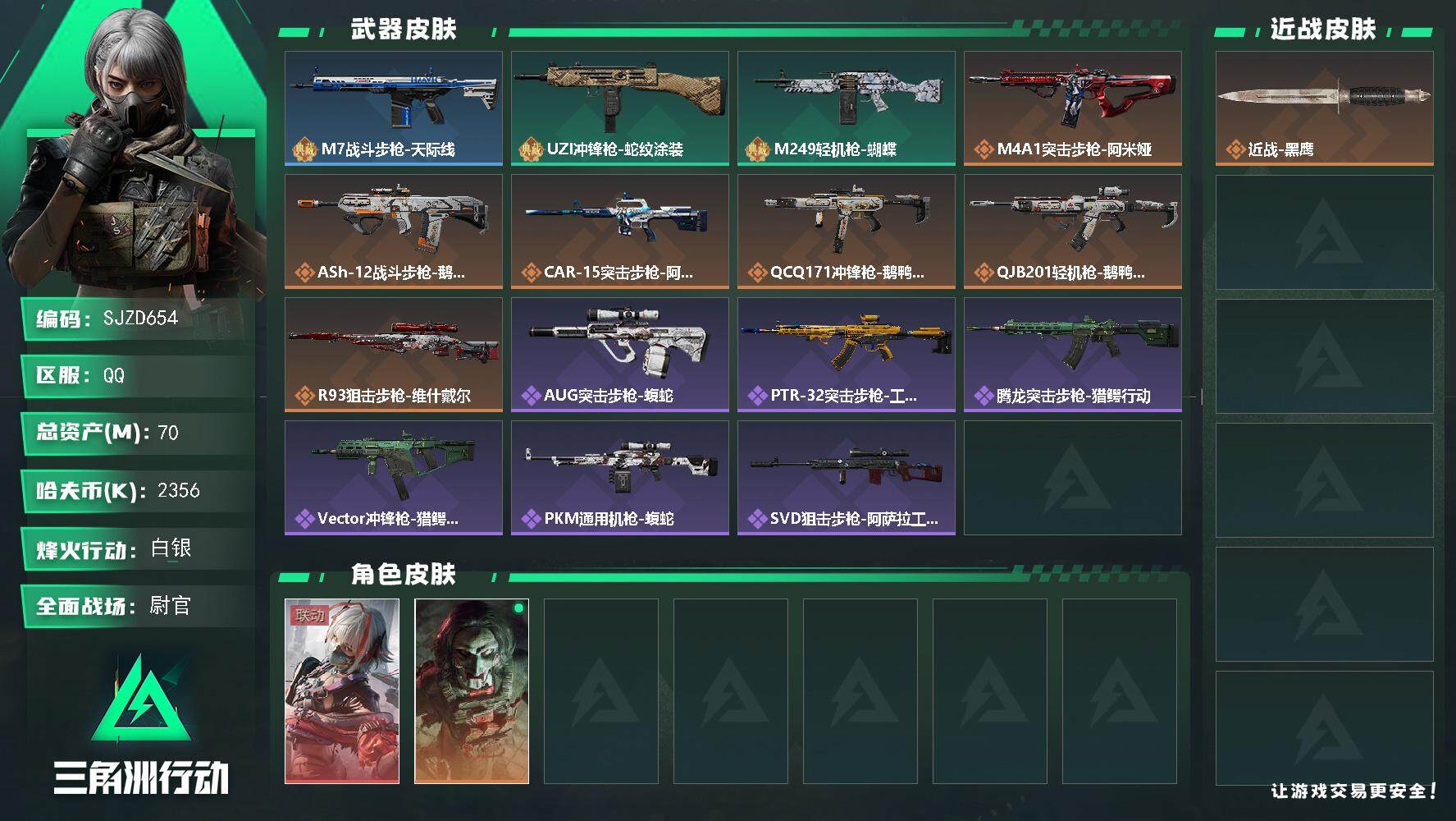 三角洲行动账号QQ【SJZD654】总资产(M)：70M/哈夫币(K)：2356K/哈夫币(K)：2356K/全面战场等级：50_段位：尉官/烽火地带等级：45_段位：白银/骇爪-维什戴尔/红狼-电锯惊魂/近战-黑鹰