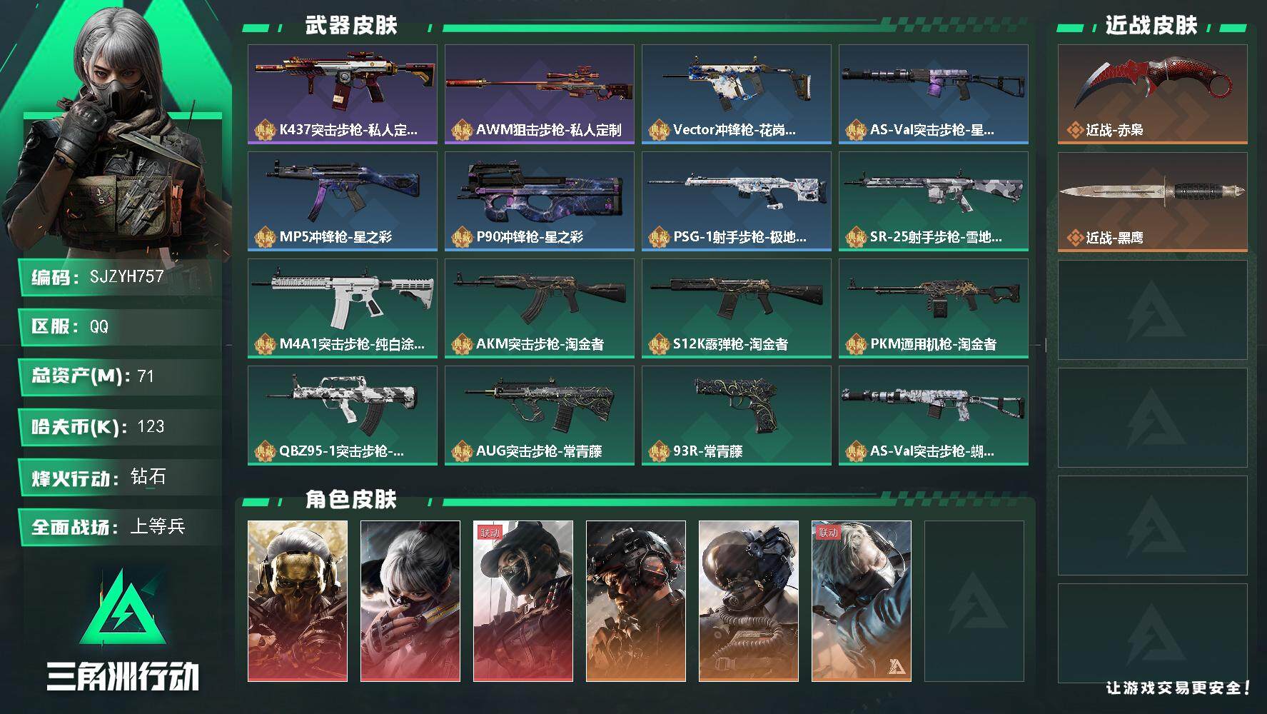 三角洲行动账号QQ【SJZYH757】总资产(M)：71M/哈夫币(K)：123K/哈夫币(K)：123K/全面战场等