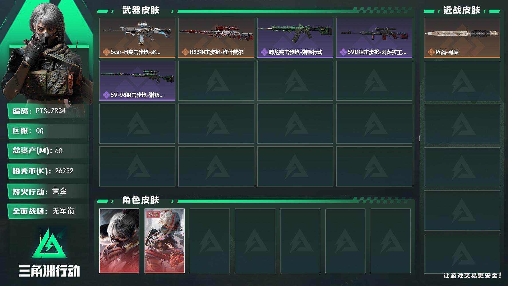 三角洲行动账号QQ【PTSJZ834】26232k哈伏币-48m流动资产-42烽火等级-黄金-1战场等级-无军衔
【干