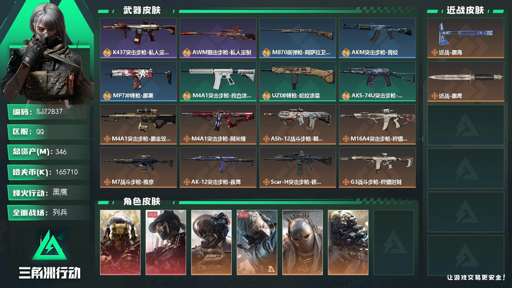 三角洲行动账号QQ【SJZ2837】总资产(M)：346M/哈夫币(K)：K/哈夫币(K)：K/全面战场等级：26_段