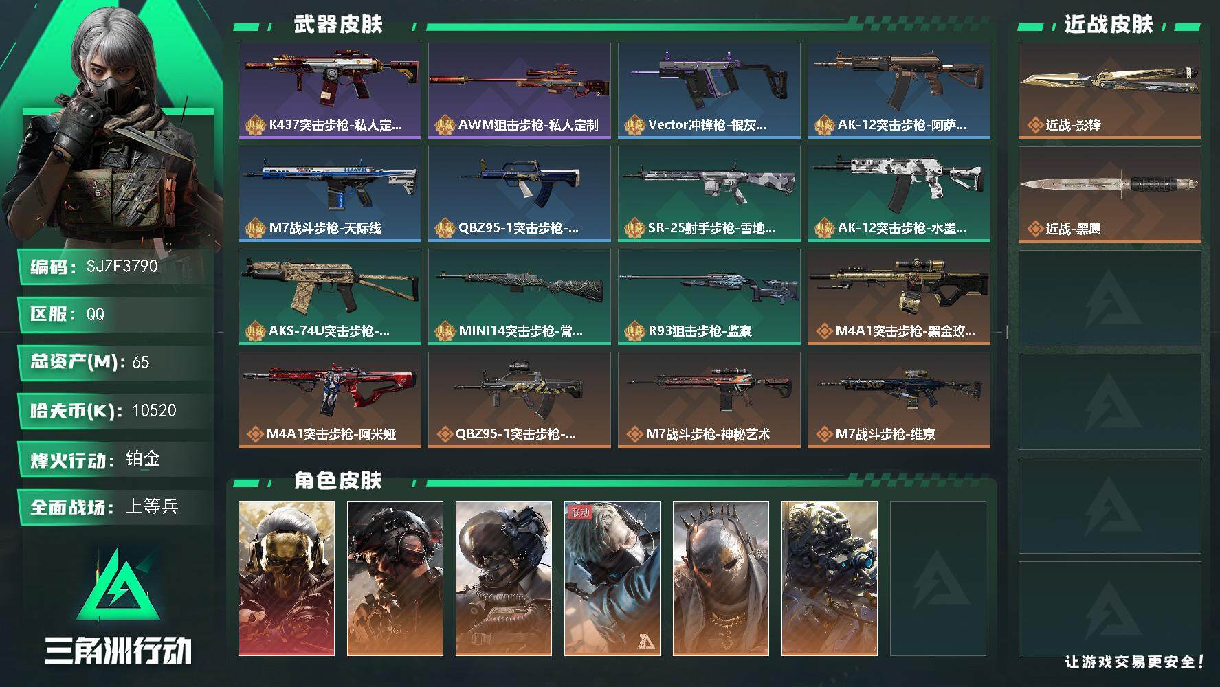 三角洲行动账号QQ【SJZF3790】总资产(M)：65M/哈夫币(K)：10520K/哈夫币(K)：10520K/全