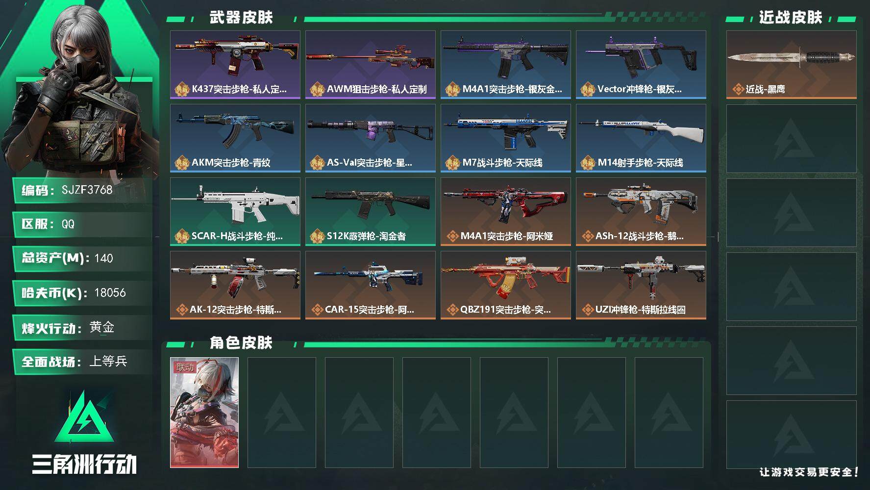 三角洲行动账号QQ【SJZF3768】总资产(M)：140M/哈夫币(K)：18056K/哈夫币(K)：18056K/全面战场等级：26_段位：上等兵/烽火地带等级：60_段位：黄金/骇爪-维什戴尔/近战-黑鹰/K4
