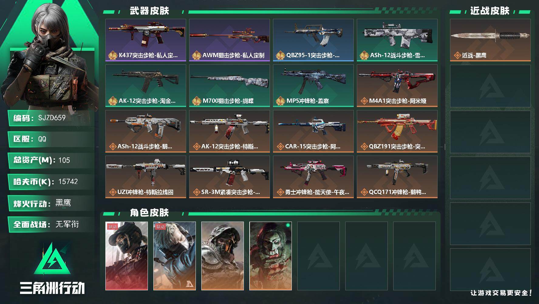 三角洲行动账号QQ【SJZD659】总资产(M)：105M/哈夫币(K)：15742K/哈夫币(K)：15742K/全面战场等级：5_段位：无段位/烽火地带等级：60_段位：黑鹰/露娜-黑·天际线/蜂医-送葬人·无题