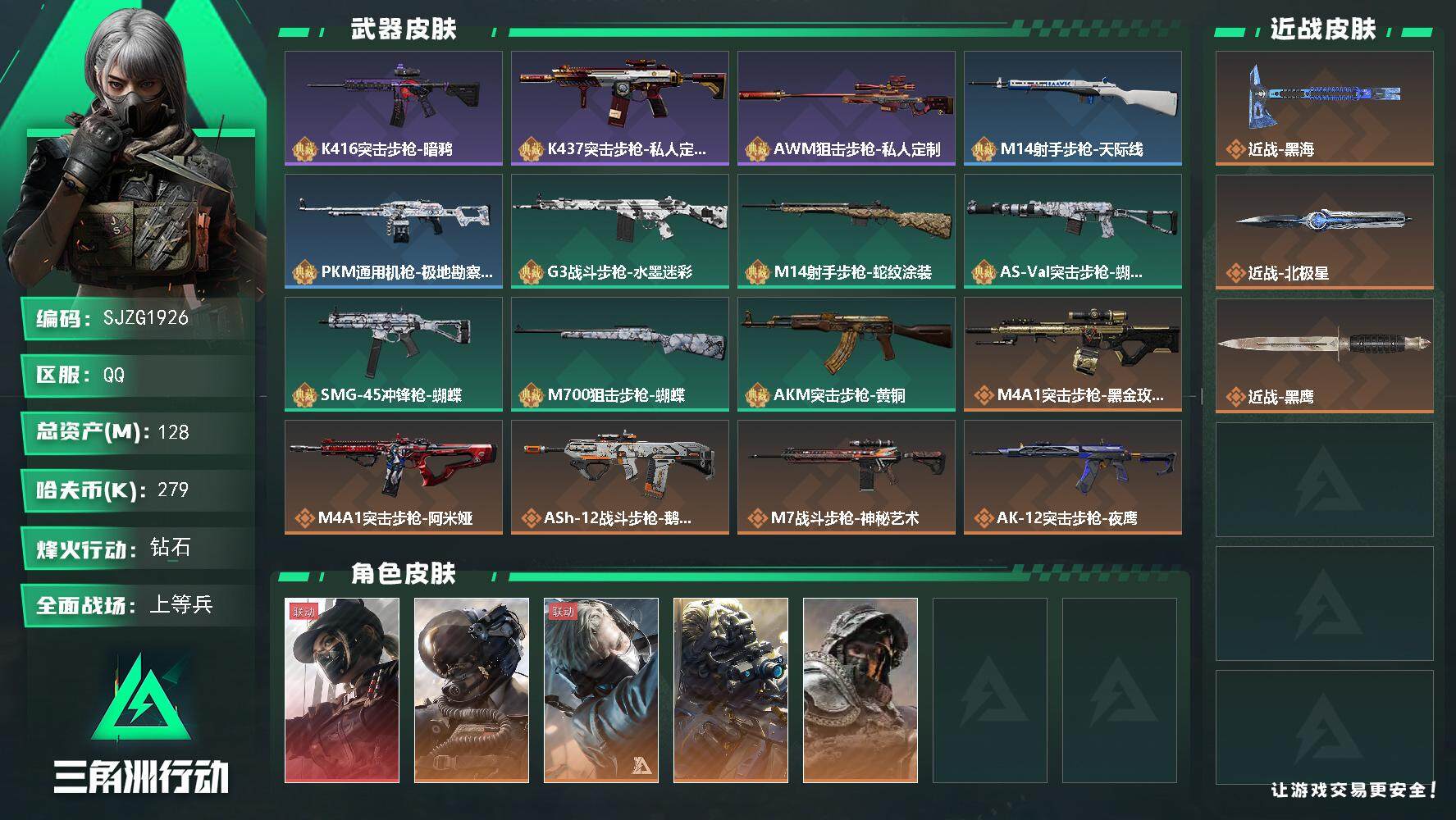 三角洲行动账号QQ【SJZG1926】总资产(M)：128M/哈夫币(K)：279K/哈夫币(K)：279K/全面战场
