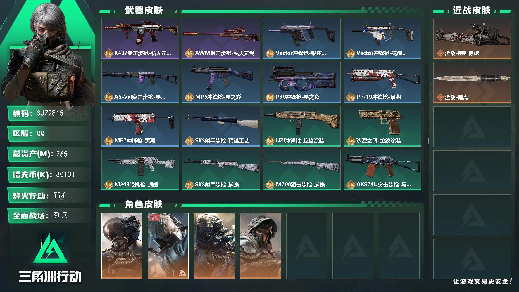 三角洲行动账号QQ【SJZ2815】总资产(M)：265M/哈夫币(K)：30131K/哈夫币(K)：30131K/全