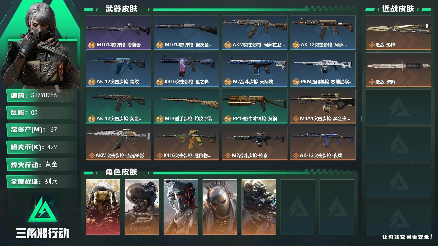 三角洲行动账号QQ【SJZYH766】总资产(M)：127M/哈夫币(K)：429K/哈夫币(K)：429K/全面战场等级：50_段位：列兵/烽火地带等级：60_段位：黄金/红狼-蚀金玫瑰/威龙-壮志凌云/威龙-蛟龙