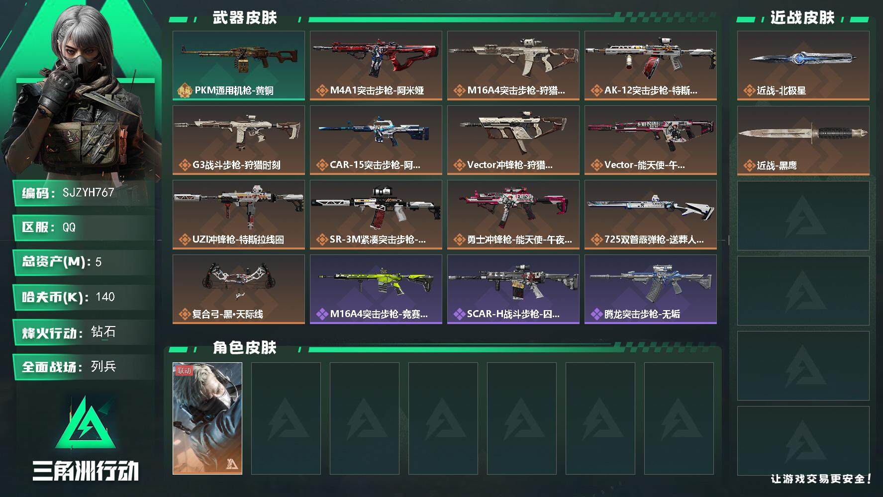 三角洲行动账号QQ【SJZYH767】总资产(M)：5M/哈夫币(K)：140K/哈夫币(K)：140K/全面战场等级