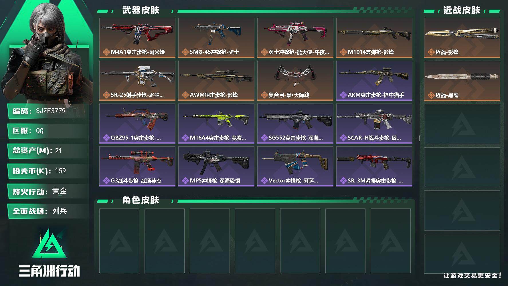 三角洲行动账号QQ【SJZF3779】总资产(M)：21M/哈夫币(K)：159K/哈夫币(K)：159K/全面战场等