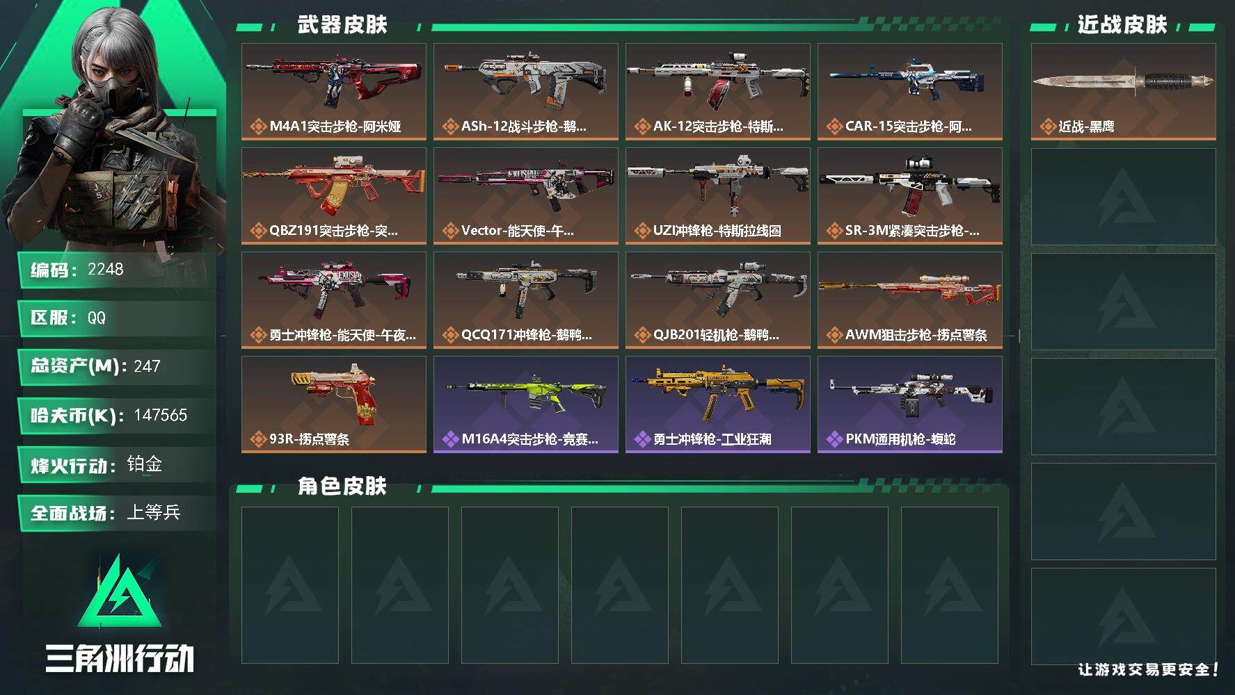 三角洲行动账号QQ总资产(M)：247M/哈夫币(K)：K/哈夫币(K)：K/全面战场等级：32_段位：上等兵/烽火地