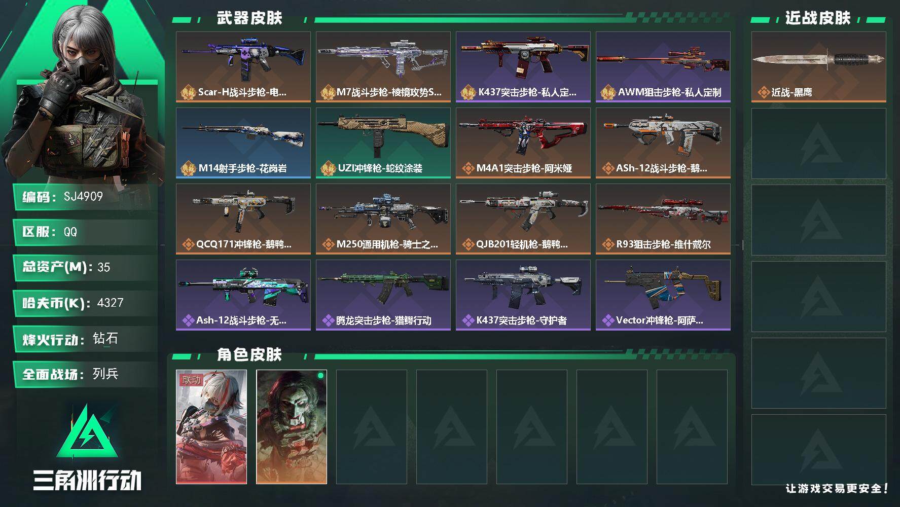 三角洲行动账号QQ【SJ4909】总资产(M)：35M/哈夫币(K)：4327K/哈夫币(K)：4327K/传说枪皮数：10/全面战场等级：12_段位：列兵/烽火地带等级：60_段位：钻石/骇爪-维什戴尔/红狼-电锯