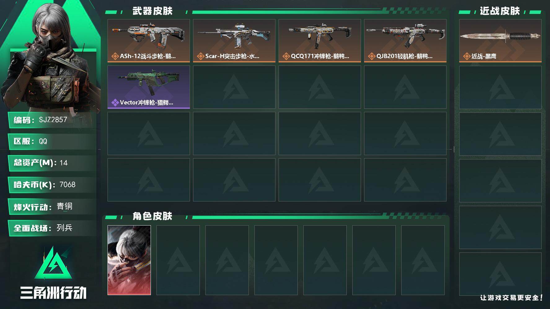 三角洲行动账号QQ【SJZ2857】总资产(M)：14M/哈夫币(K)：7068K/哈夫币(K)：7068K/全面战场