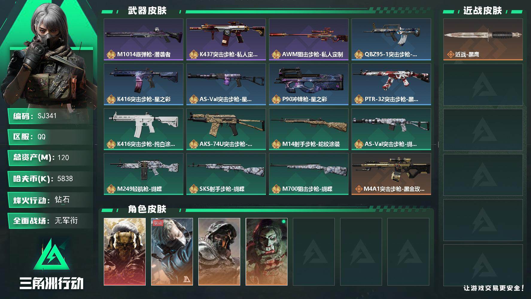 三角洲行动账号QQ【SJ341】5838k哈伏币-93m流动资产-60烽火等级-钻石-1战场等级-无军衔
【干员外观】