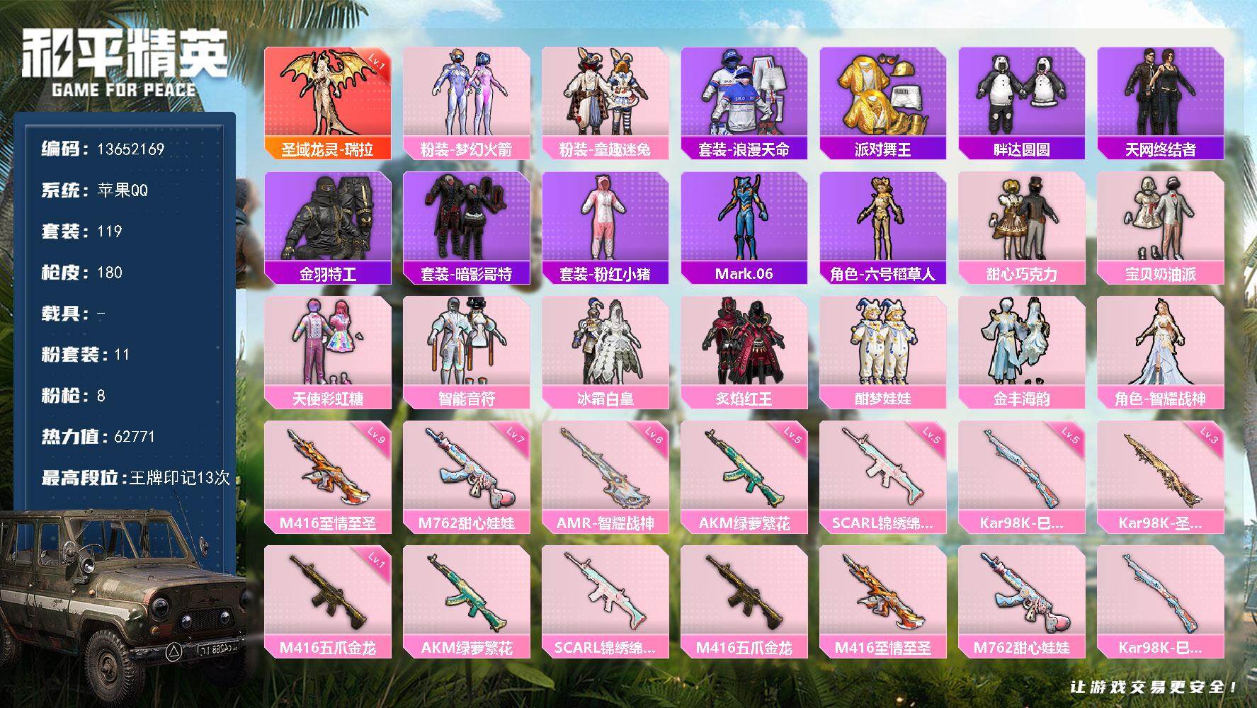 和平精英账号苹果QQ0载具-119套装-180枪皮-YZJ11663-无二次-苹果Q-1红装4稀有11粉装8特效枪13热