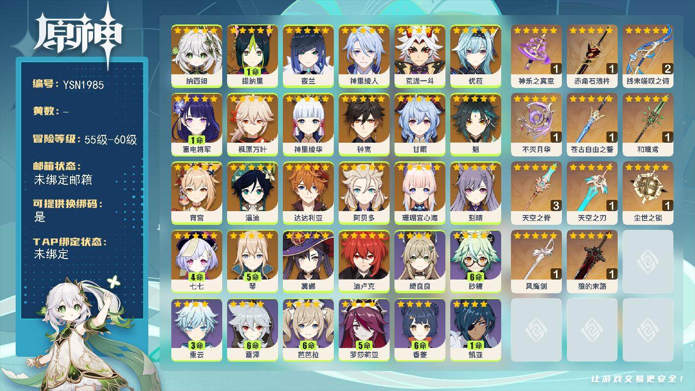 原神账号官服 天空岛【YSN1985】60级/女主/24个五星角色/0命纳西妲/1命提纳里/0命夜兰/0命神里绫人/0命荒泷一斗/0命珊瑚宫心海/1命雷电将军/0命宵宫/0命神里绫华/0命枫原万叶/0命优菈/0命魈/0