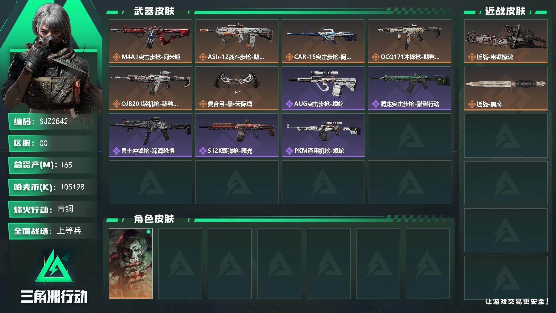 三角洲行动账号QQ【SJZ2842】总资产(M)：165M/哈夫币(K)：105198K/哈夫币(K)：105198K/传说枪皮数：9/全面战场等级：18_段位：上等兵/烽火地带等级：60_段位：青铜/红狼-电锯惊魂