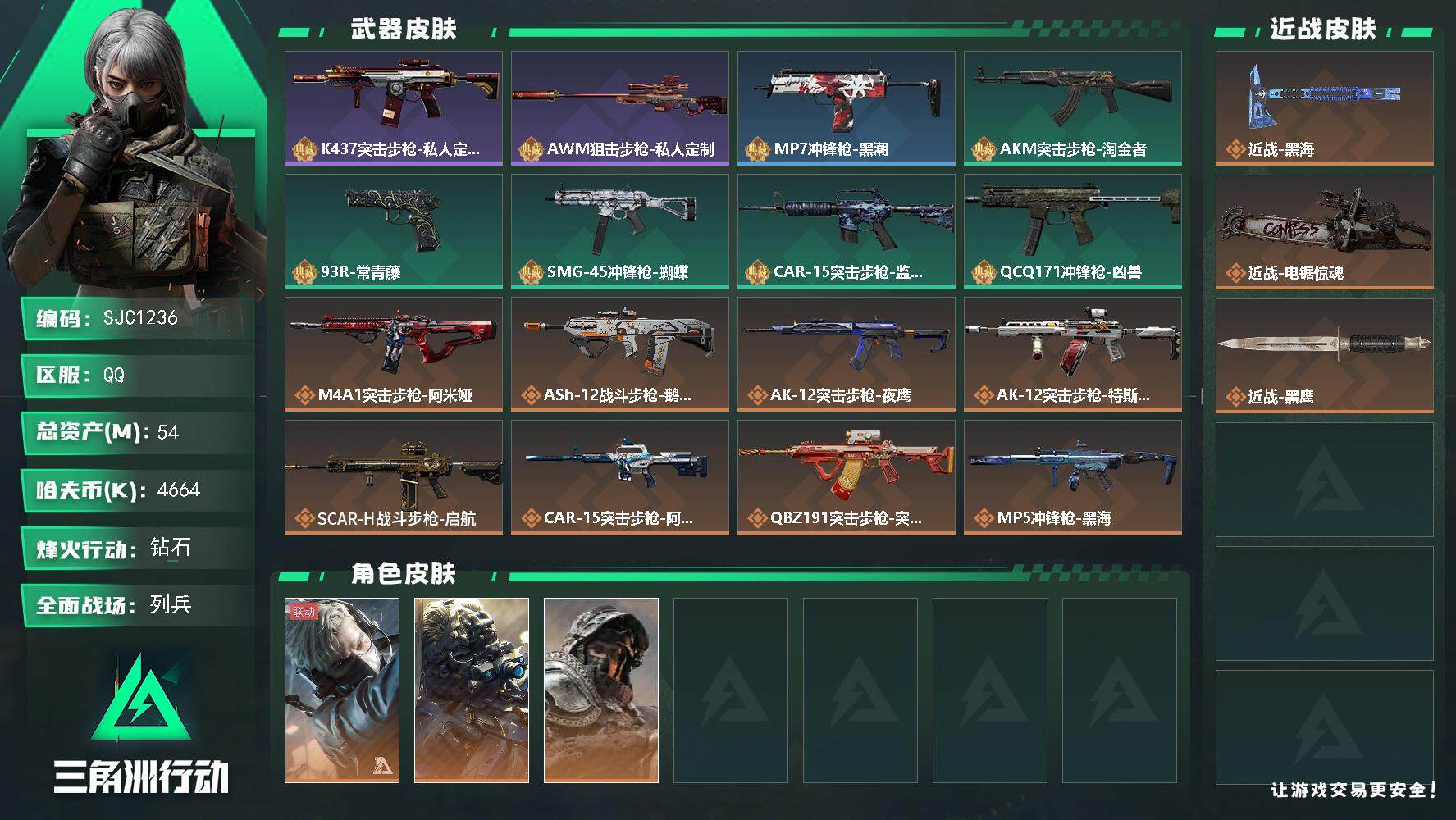 三角洲行动账号QQ【SJC1236】总资产(M)：54M/哈夫币(K)：4664K/哈夫币(K)：4664K/全面战场