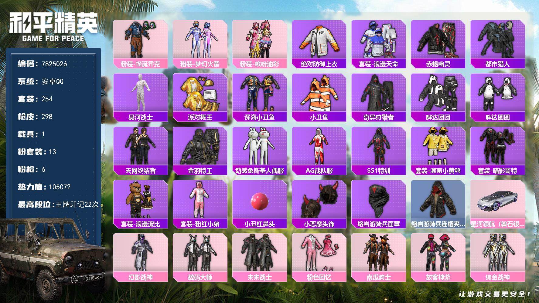 和平精英账号安卓QQYZJ7194 可二次 安卓Q-98325热力值 极品身法素材主播同款号 13粉5特效枪1载 20印