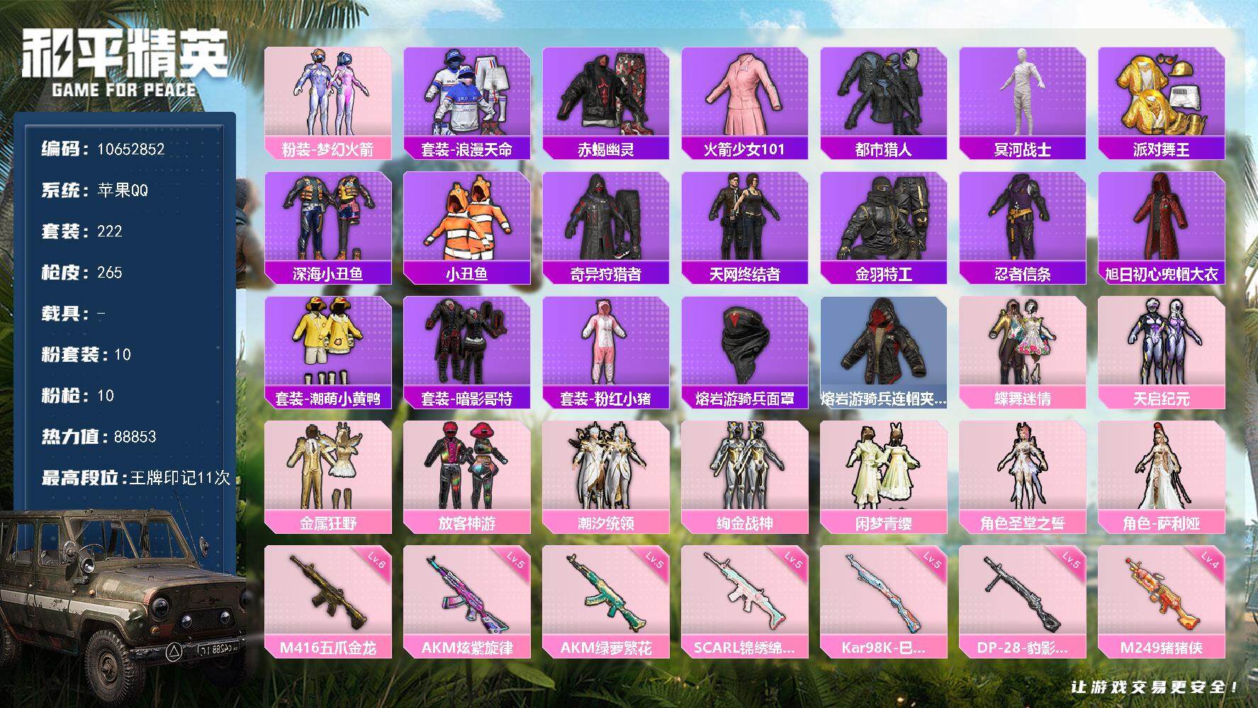 和平精英账号苹果QQ YZJ10203 可二次 苹果Q-88298热力值 11王牌印记 历史绝世王牌16星 【极品身法素