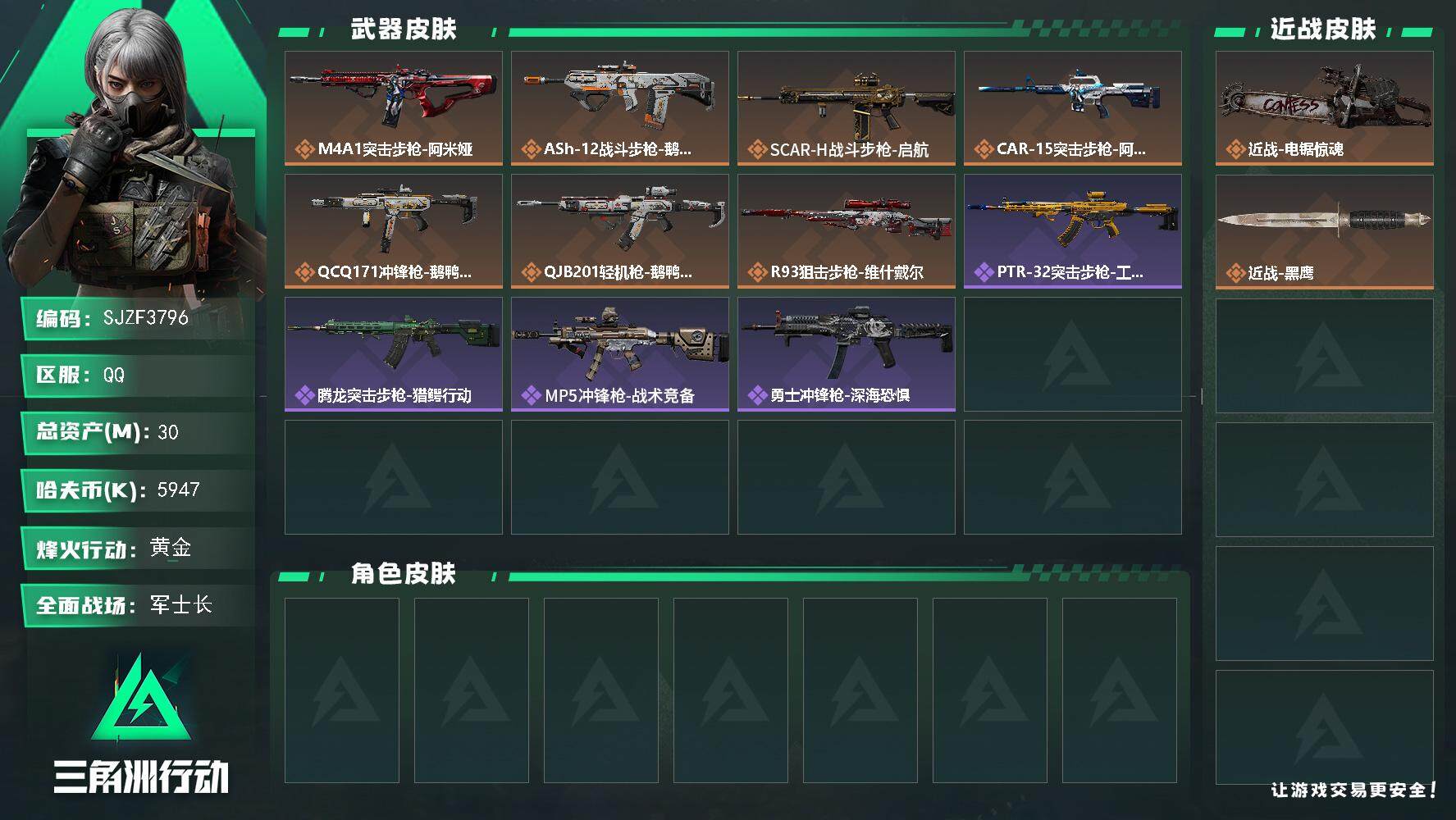 三角洲行动账号QQ【SJZF3796】总资产(M)：30M/哈夫币(K)：5947K/哈夫币(K)：5947K/全面战场等级：49_段位：军士长/烽火地带等级：47_段位：黄金/近战-电锯惊魂/近战-黑鹰/M4A1突