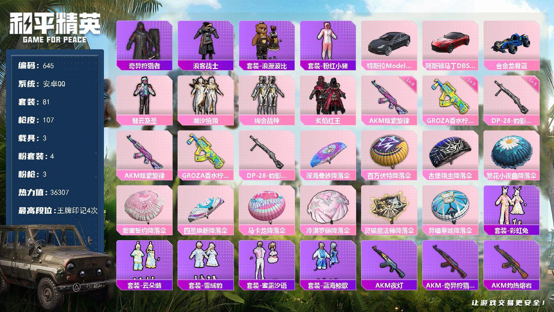 和平精英账号安卓QQ3载具-81套装-107枪皮-81套装/枪械3/装备132/载具3/战备67/王牌印记4/热力值36