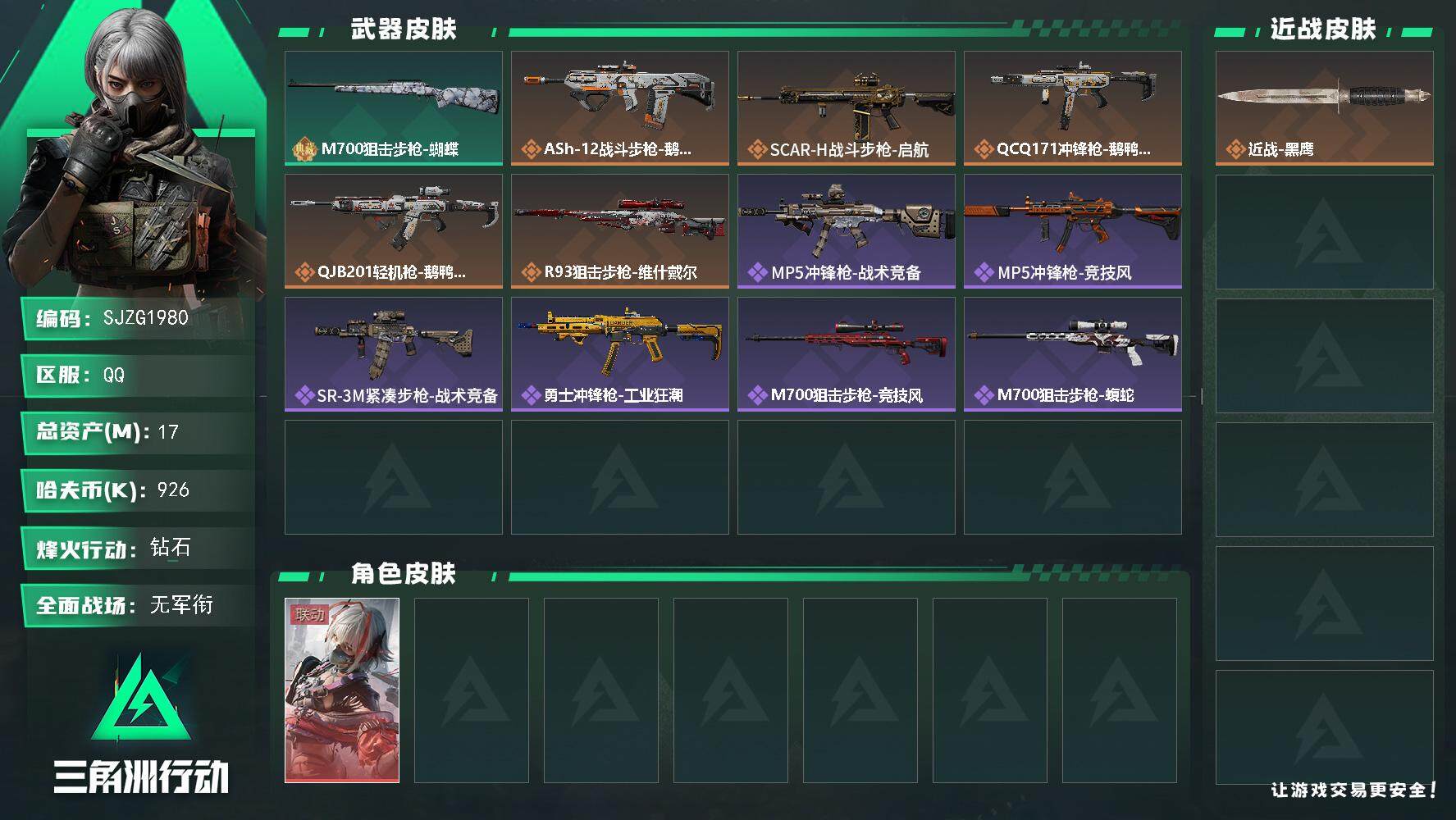 三角洲行动账号QQ【SJZG1980】总资产(M)：17M/哈夫币(K)：926K/哈夫币(K)：926K/全面战场等