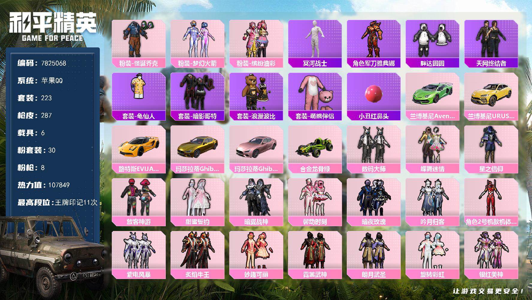 和平精英账号苹果QQ6载具-223套装-287枪皮-YZJ5342-可二次-苹果Q-热力值 6载30粉7特 金玛 S1赛
