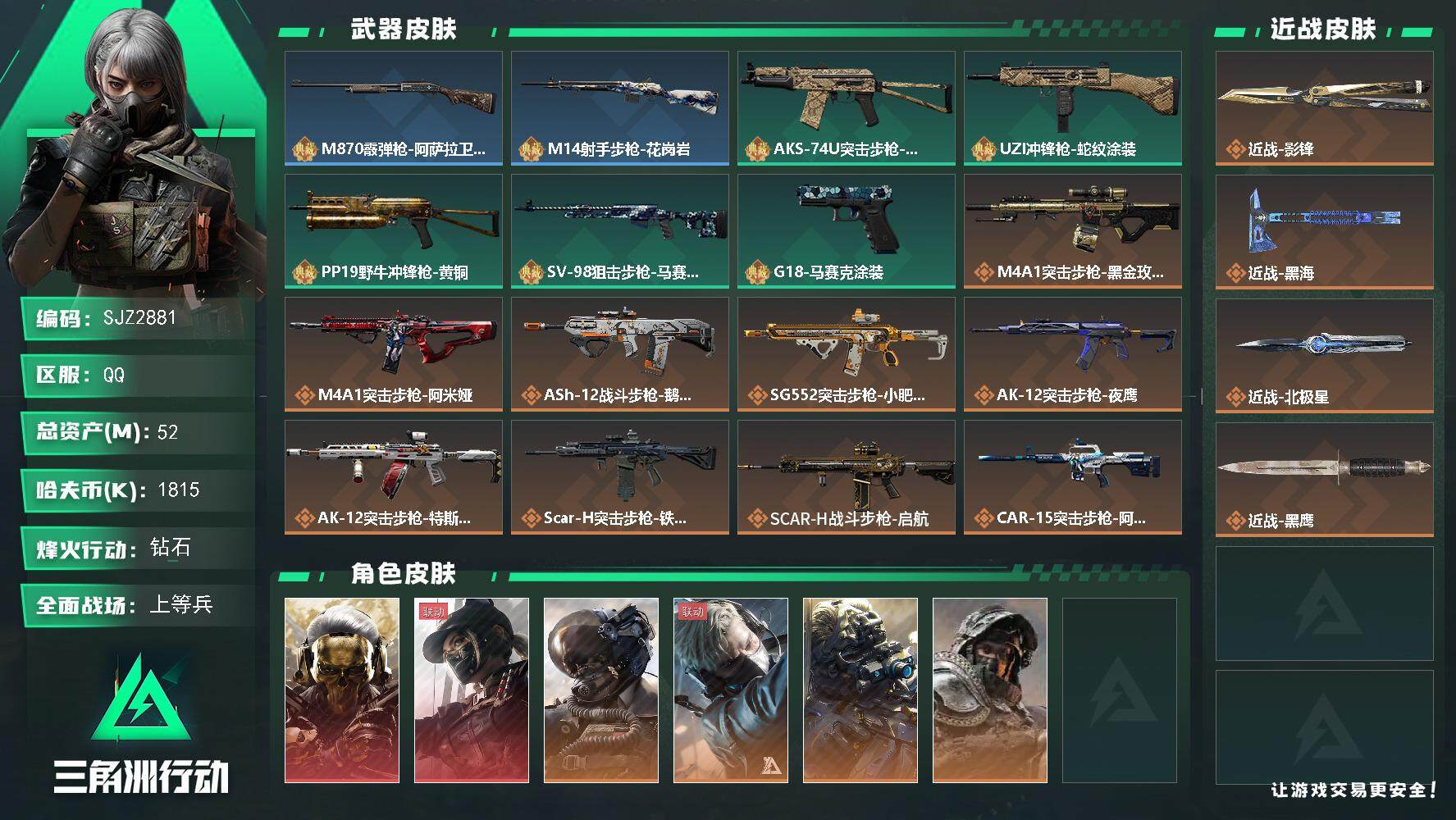 三角洲行动账号QQ【SJZ2881】总资产(M)：52M/哈夫币(K)：1815K/哈夫币(K)：1815K/全面战场等级：34_段位：上等兵/烽火地带等级：60_段位：钻石/红狼-蚀金玫瑰/露娜-黑·天际线/威龙-