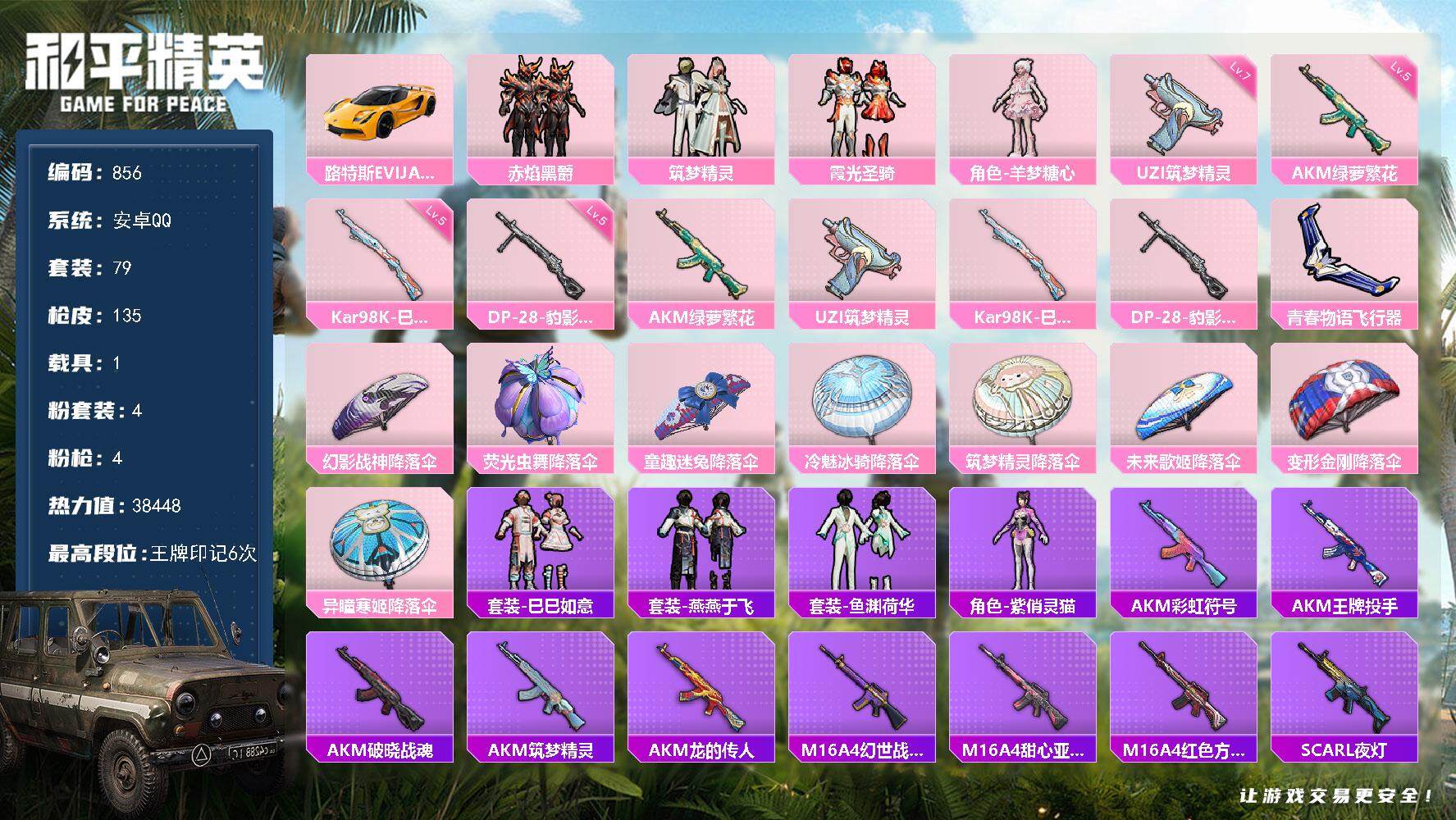 和平精英账号安卓QQ1载具-79套装-135枪皮-79套装/枪械4/装备130/载具1/战备81/王牌印记6/热力值38