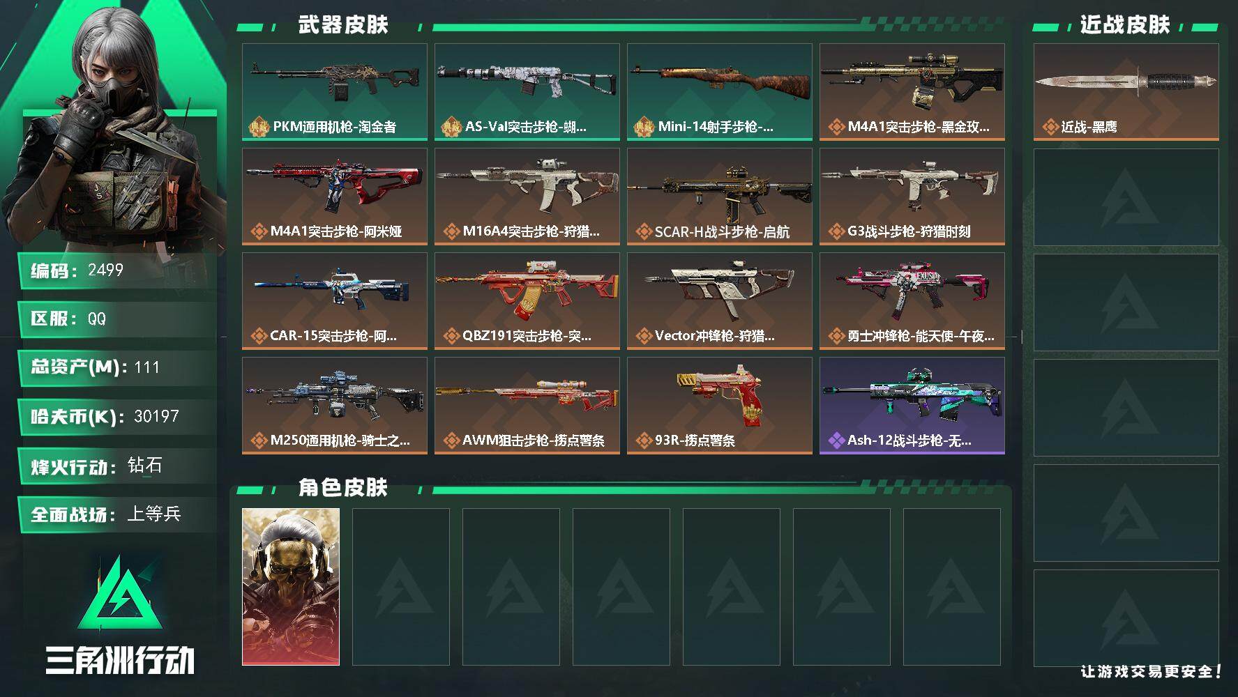 三角洲行动账号QQ总资产(M)：111M/哈夫币(K)：30197K/哈夫币(K)：30197K/全面战场等级：21_