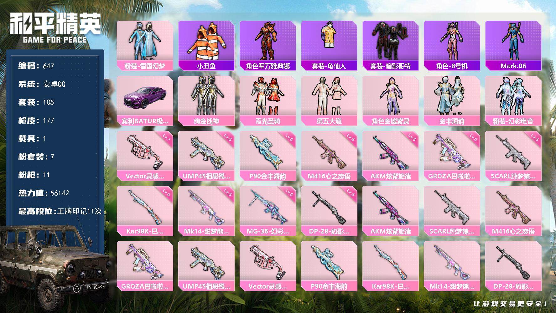 和平精英账号安卓QQ1载具-105套装-177枪皮-105套装/枪械11/装备209/载具1/战备116/王牌印记11/