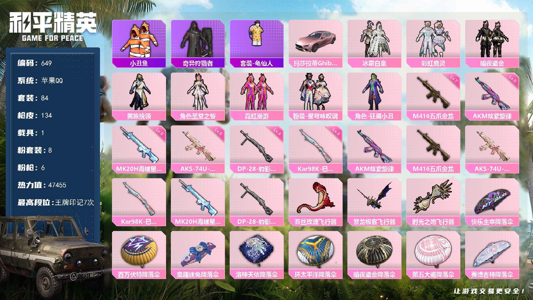 和平精英账号苹果QQ1载具-84套装-134枪皮-84套装/枪械6/装备180/载具1/战备94/王牌印记7/热力值47