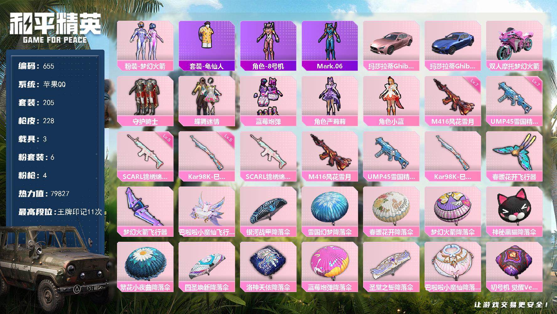 和平精英账号苹果QQ3载具-205套装-228枪皮-205套装/枪械4/装备250/载具3/战备171/王牌印记11/热