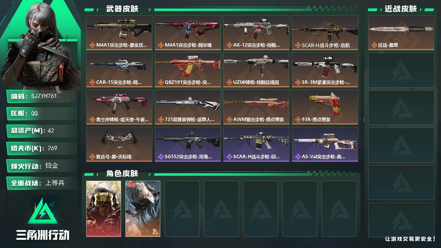三角洲行动账号QQ【SJZYH761】总资产(M)：42M/哈夫币(K)：269K/哈夫币(K)：269K/全面战场等