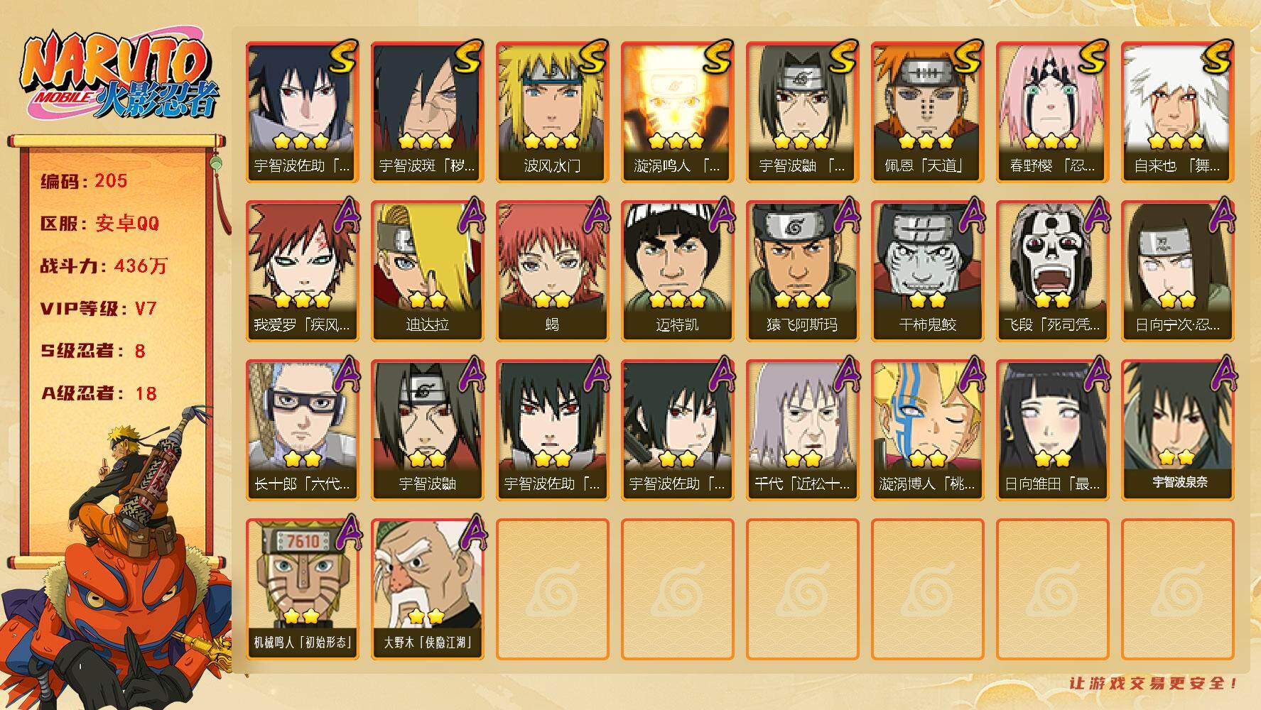 火影忍者账号安卓QQV7 436万战力 8S-18A 忍战艾44片 LL5403
【S级忍者】：宇智波斑「秽土转生·解」(3星)，春野樱「忍界大战」(3星)，宇智波鼬「须佐能乎」(3星)，自来也「舞之豪杰」(3星)，波