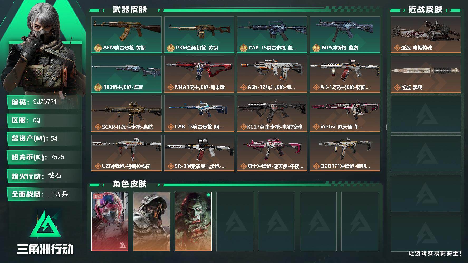 三角洲行动账号QQ【SJZD721】总资产(M)：54M/哈夫币(K)：7525K/哈夫币(K)：7525K/传说枪皮