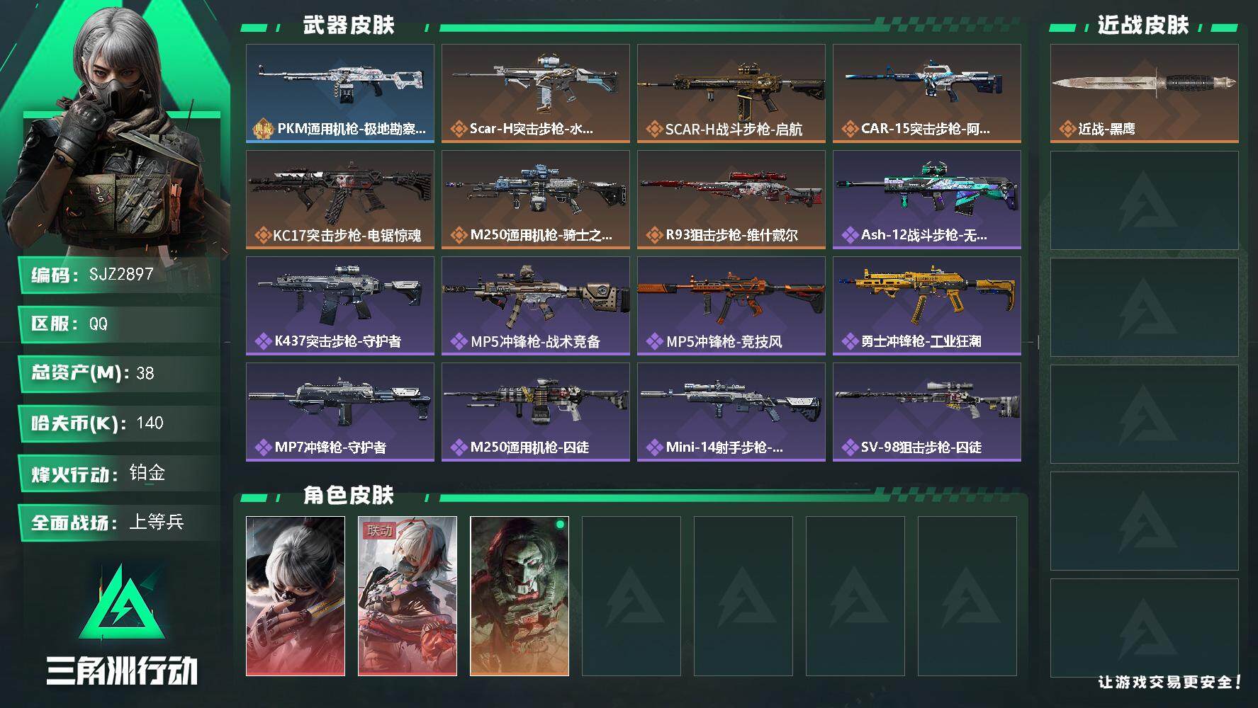 三角洲行动账号QQ【SJZ2897】总资产(M)：38M/哈夫币(K)：140K/哈夫币(K)：140K/全面战场等级