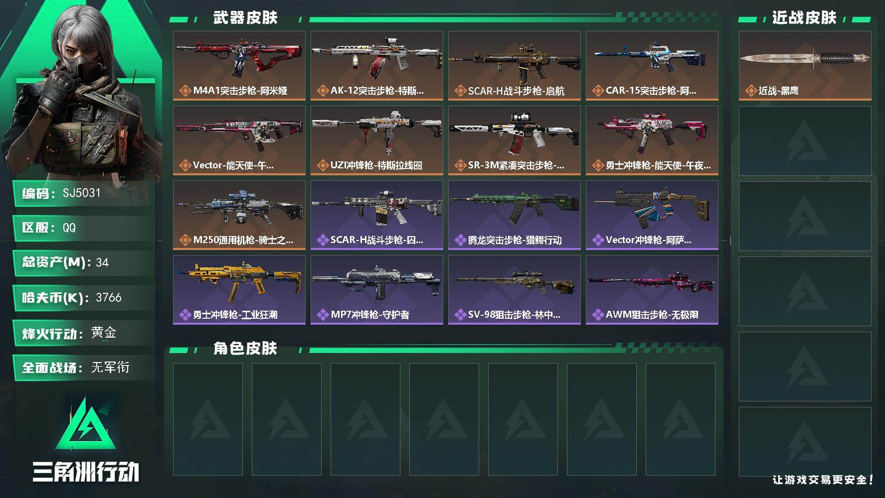 三角洲行动账号QQ【SJ5031】总资产(M)：34M/哈夫币(K)：3766K/哈夫币(K)：3766K/全面战场等