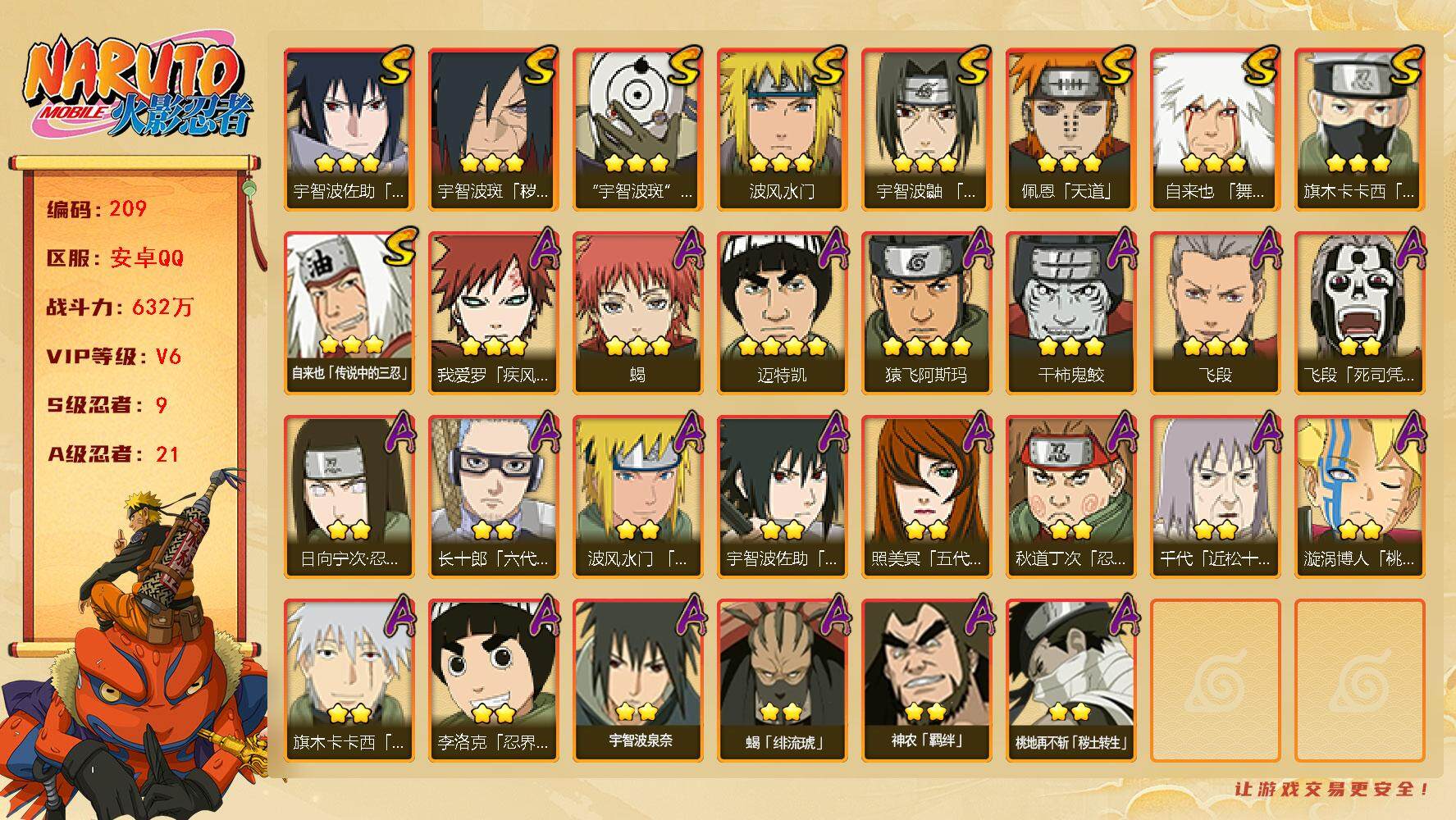 火影忍者账号安卓QQV6 632万战力 9S-21A LL5406
【S级忍者】：宇智波斑「秽土转生·解」(3星)，宇智波鼬「须佐能乎」(3星)，旗木卡卡西「须佐能乎」(3星)，自来也「舞之豪杰」(3星)，自来也「传说