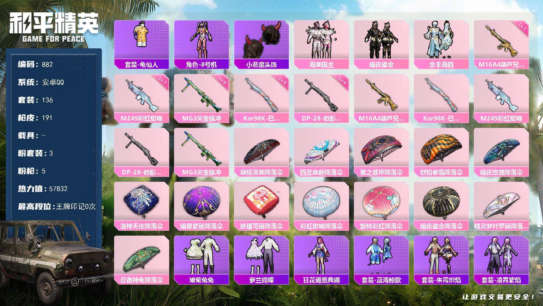 和平精英账号安卓QQ0载具-136套装-191枪皮-136套装/枪械5/装备203/战备133/热力值57832/七级M