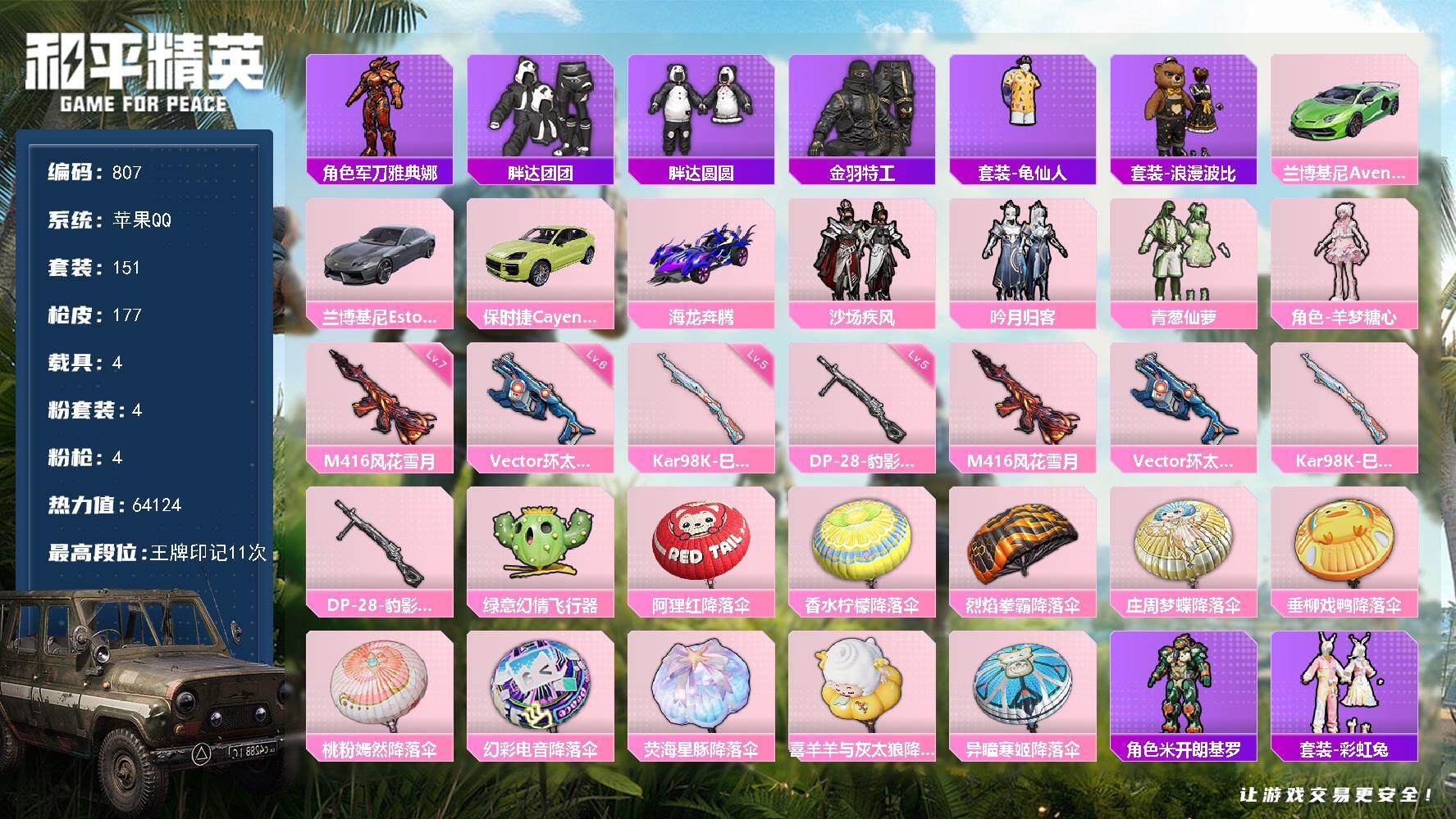 和平精英账号苹果QQ4载具-151套装-177枪皮-151套装/枪械4/装备223/载具4/战备141/王牌印记11/热