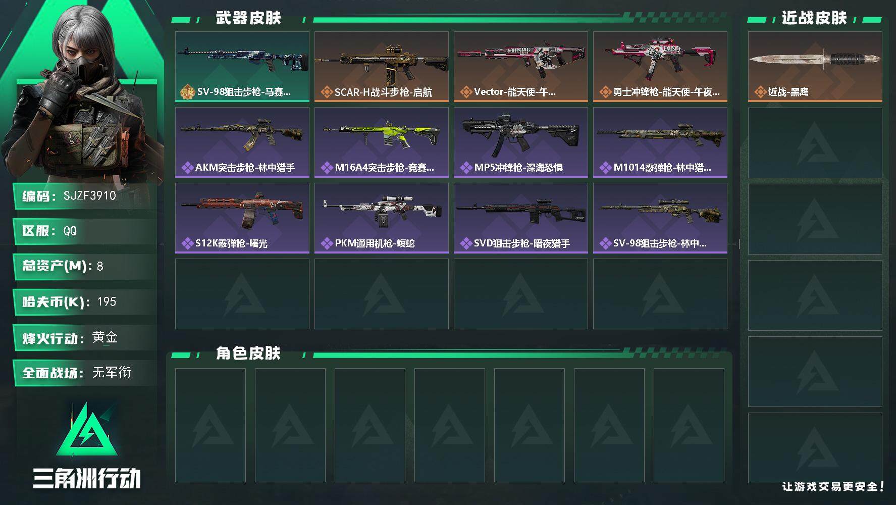 三角洲行动账号QQ【SJZF3910】总资产(M)：8M/哈夫币(K)：195K/哈夫币(K)：195K/全面战场等级