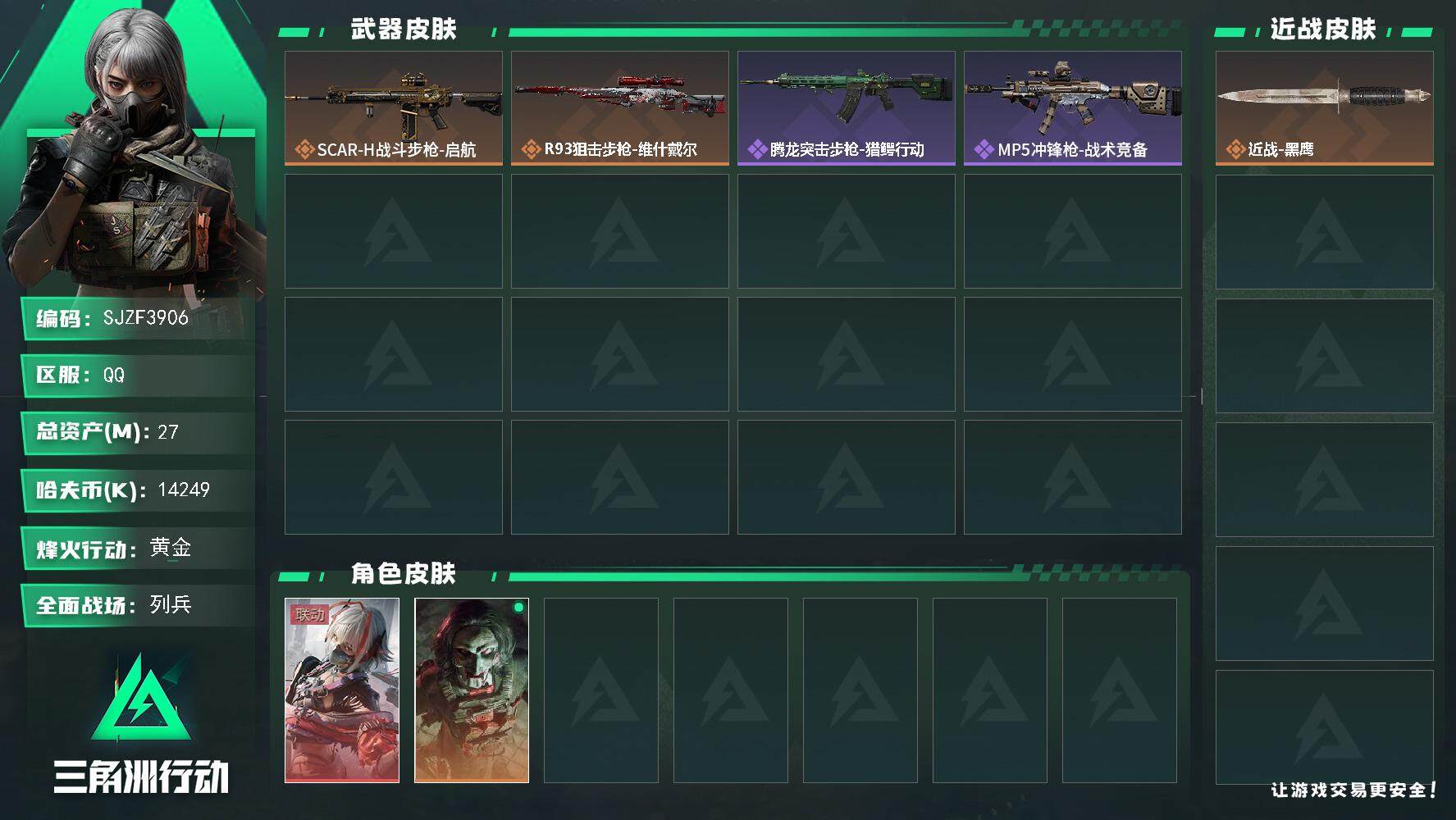 三角洲行动账号QQ【SJZF3906】总资产(M)：27M/哈夫币(K)：14249K/哈夫币(K)：14249K/传