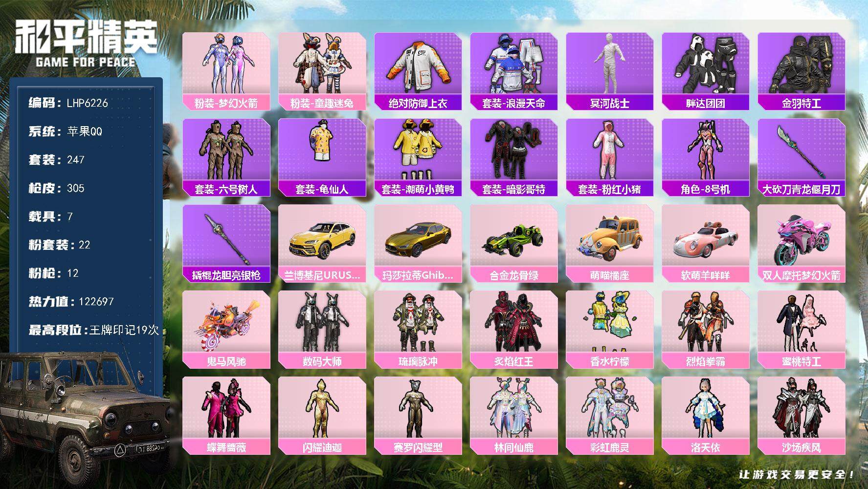 和平精英账号苹果QQ可二次【店主推荐捡漏号！可直接换绑】/素材身法号/老木乃伊 苹果 手Q-22粉装-12特效枪-7载具-8粉色飞行器-12.2w热力值-19王牌印记-247套装-305枪皮【热门品类】：粉装-梦幻火箭